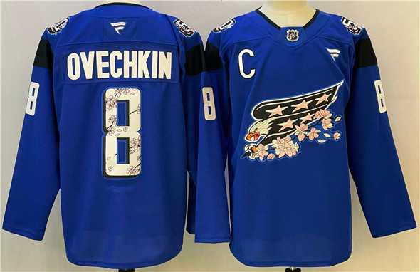 Mens Washington Capitals #8 Alex Ovechkin Blue Cherry Blossom With C Patch Stitched Jersey
